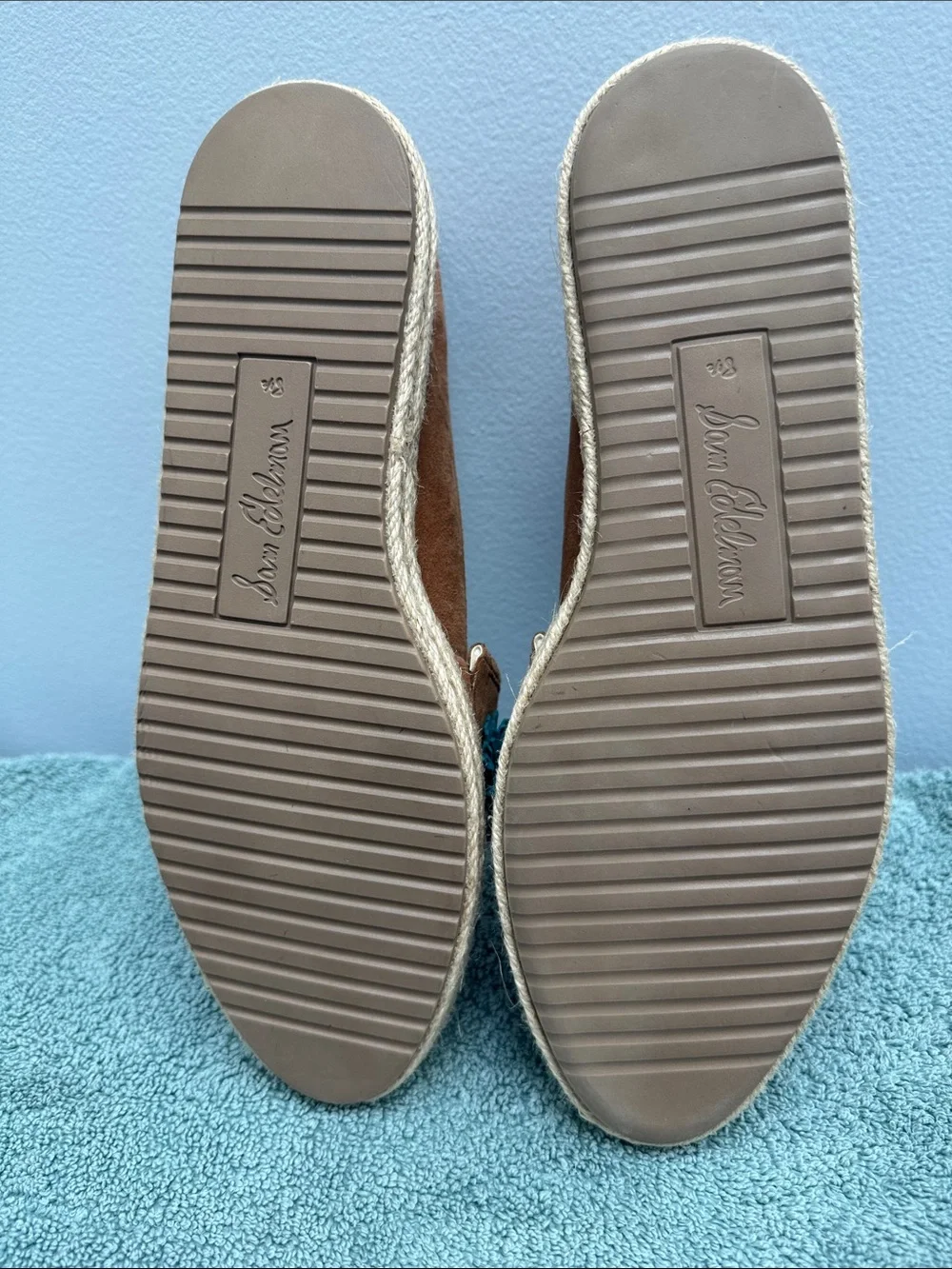 Sam Edelman Tan Suede Espadrille Loafers with Multicolor Pom Poms